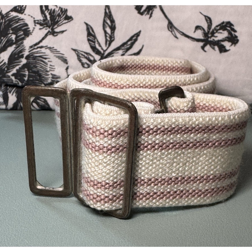 White & Pink Striped Woven 1.5in Stretchy Adjustable Belt Matte Silver Hardware